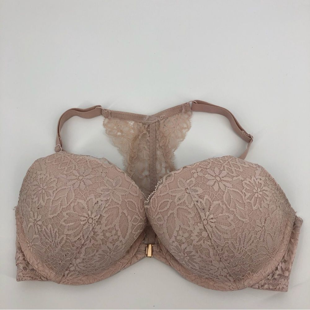 Auden Plunge Coverage Push-Up Racerback Bra 34D‎ Pale Pink Floral Lace